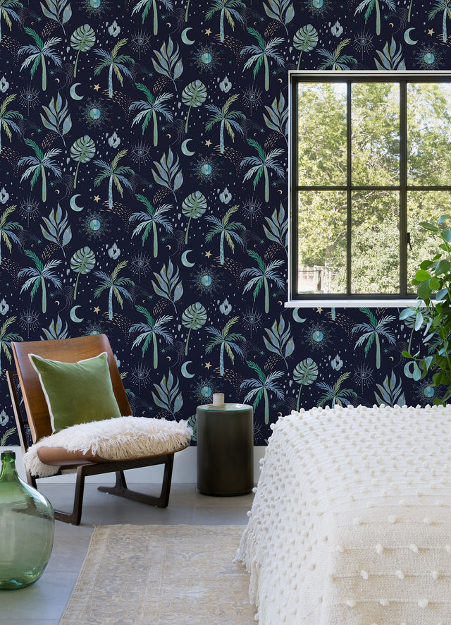 Nuit Tropicale Blue Peel & Stick Wallpaper with Bohemian Tropical Graphics - York RMK12705PLW
