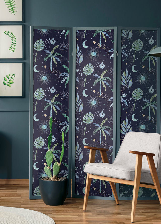 Nuit Tropicale Blue Peel & Stick Wallpaper with Bohemian Tropical Graphics - York RMK12705PLW