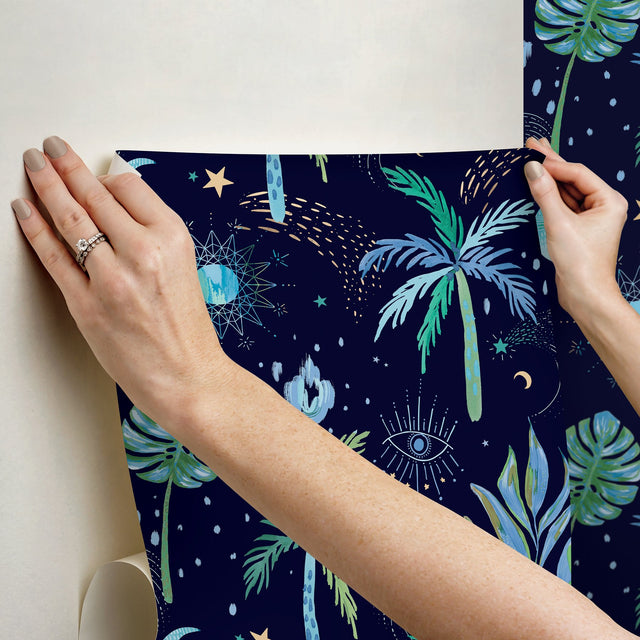 Nuit Tropicale Blue Peel & Stick Wallpaper with Bohemian Tropical Graphics - York RMK12705PLW
