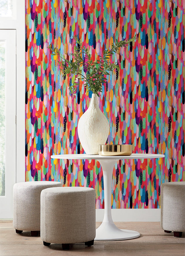 Brushstroke Red Multi Peel & Stick Wallpaper with Bohemian Abstract Graphics - York RMK12706PLW