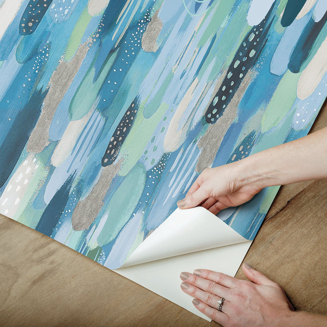 Brushstroke Blue Peel & Stick Wallpaper with Bohemian Abstract Graphics - York RMK12707PLW