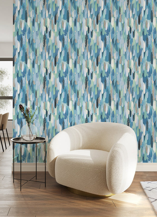 Brushstroke Blue Peel & Stick Wallpaper with Bohemian Abstract Graphics - York RMK12707PLW