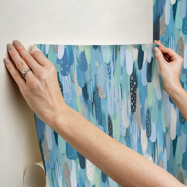 Brushstroke Blue Peel & Stick Wallpaper with Bohemian Abstract Graphics - York RMK12707PLW