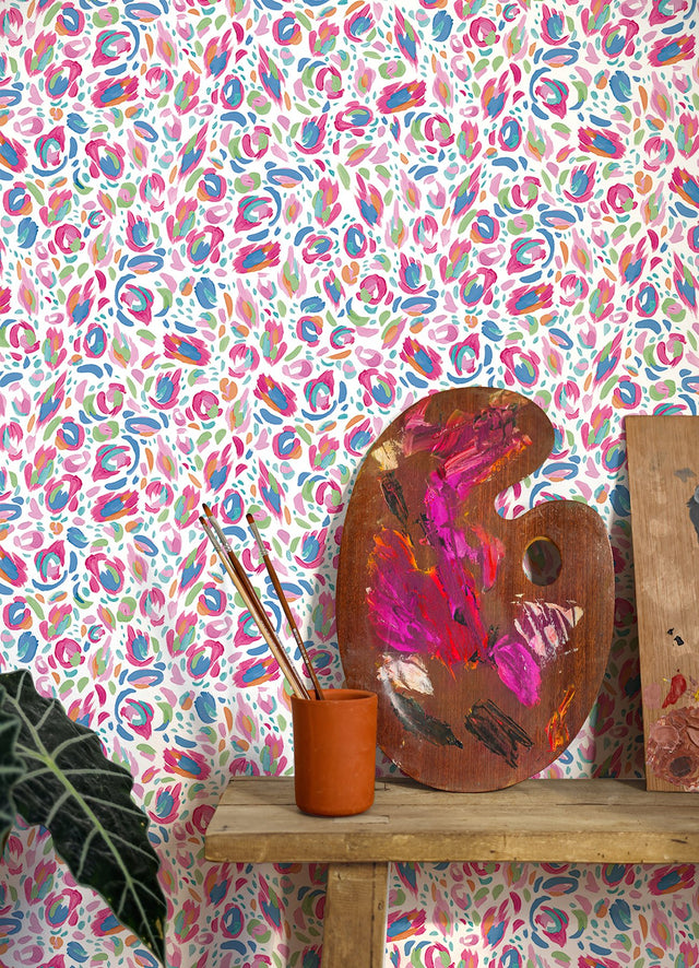 Brushstroke Leopard Red Multi Peel & Stick Wallpaper with Painterly Animal Print - RoomMates RMK12709PLW
