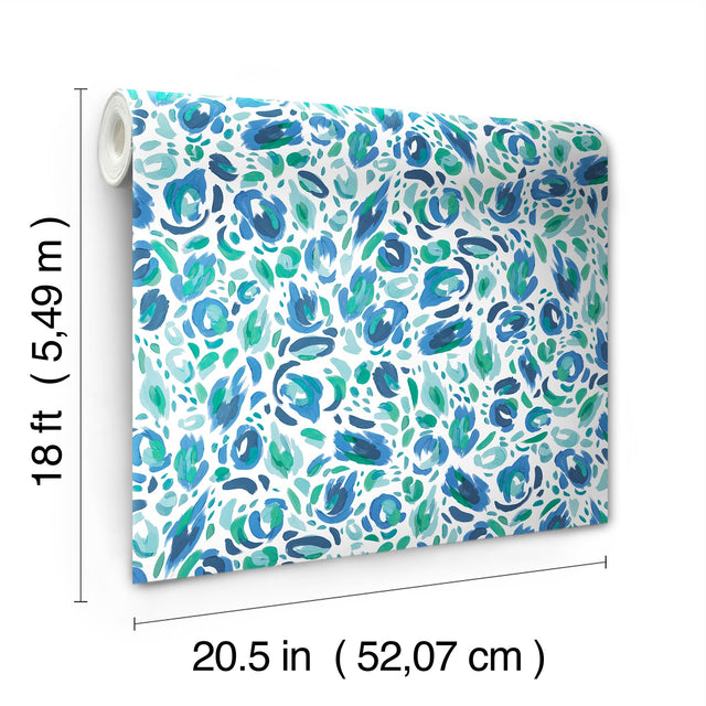 Brushstroke Leopard Blue & Green Peel and Stick Wallpaper with Painterly Leopard Print - York RMK12711PLW