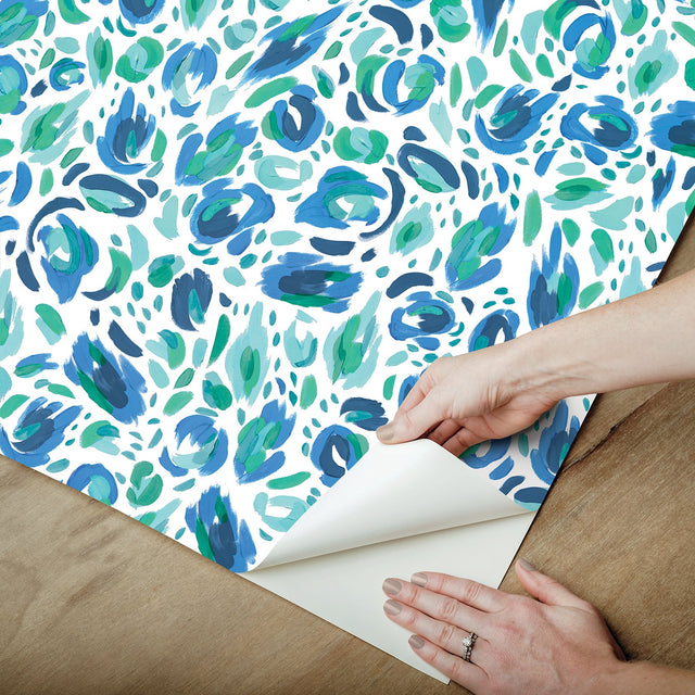 Brushstroke Leopard Blue & Green Peel and Stick Wallpaper with Painterly Leopard Print - York RMK12711PLW