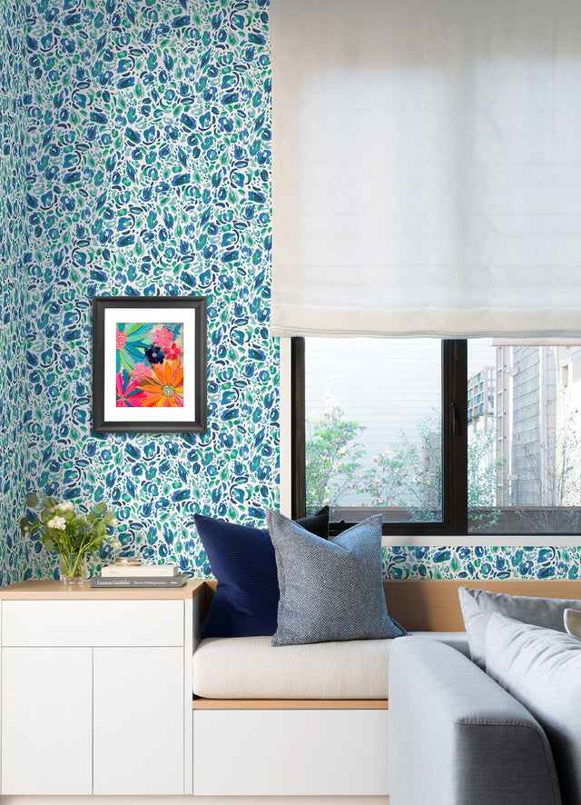 Brushstroke Leopard Blue & Green Peel and Stick Wallpaper with Painterly Leopard Print - York RMK12711PLW