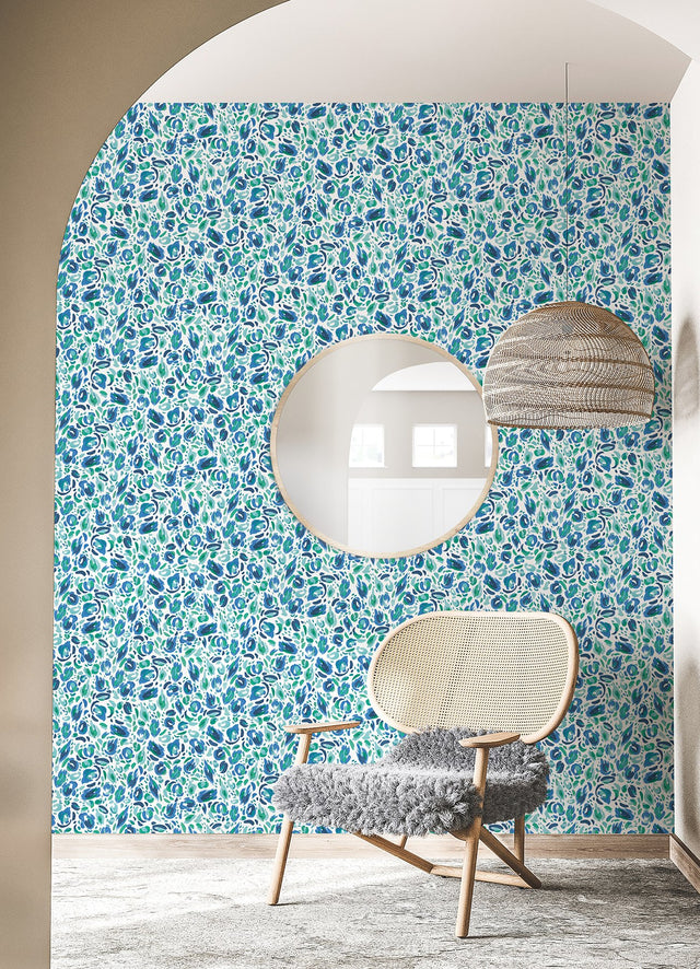 Brushstroke Leopard Blue & Green Peel and Stick Wallpaper with Painterly Leopard Print - York RMK12711PLW