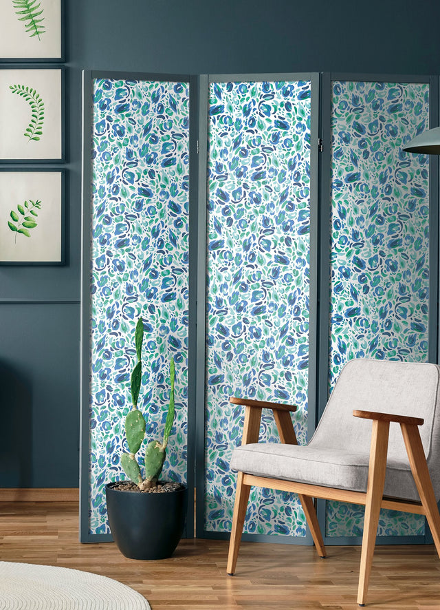 Brushstroke Leopard Blue & Green Peel and Stick Wallpaper with Painterly Leopard Print - York RMK12711PLW