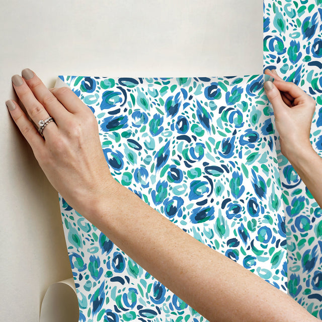 Brushstroke Leopard Blue & Green Peel and Stick Wallpaper with Painterly Leopard Print - York RMK12711PLW