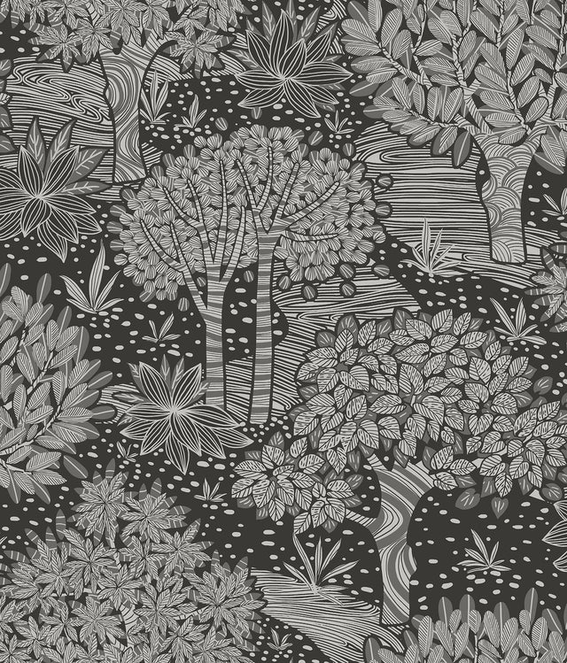 Perth Black Peel & Stick Wallpaper with Botanical Tree Pattern - York RMK12716PLW