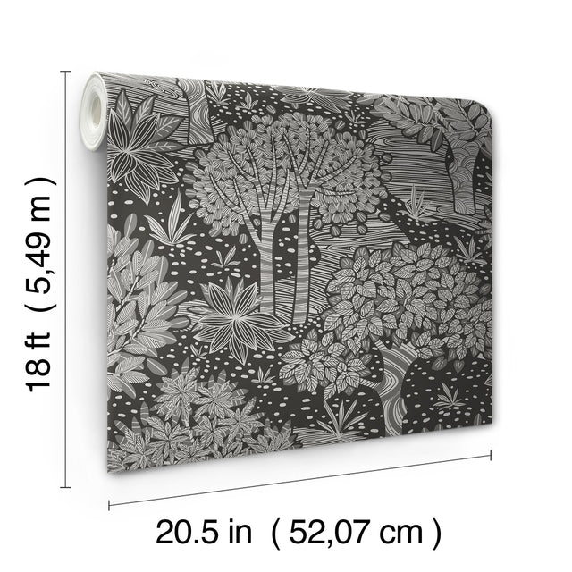Perth Black Peel & Stick Wallpaper with Botanical Tree Pattern - York RMK12716PLW