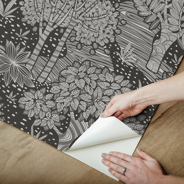 Perth Black Peel & Stick Wallpaper with Botanical Tree Pattern - York RMK12716PLW