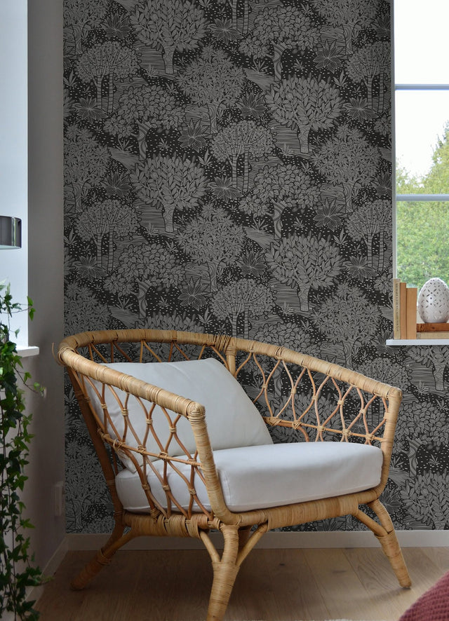 Perth Black Peel & Stick Wallpaper with Botanical Tree Pattern - York RMK12716PLW