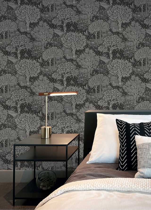 Perth Black Peel & Stick Wallpaper with Botanical Tree Pattern - York RMK12716PLW