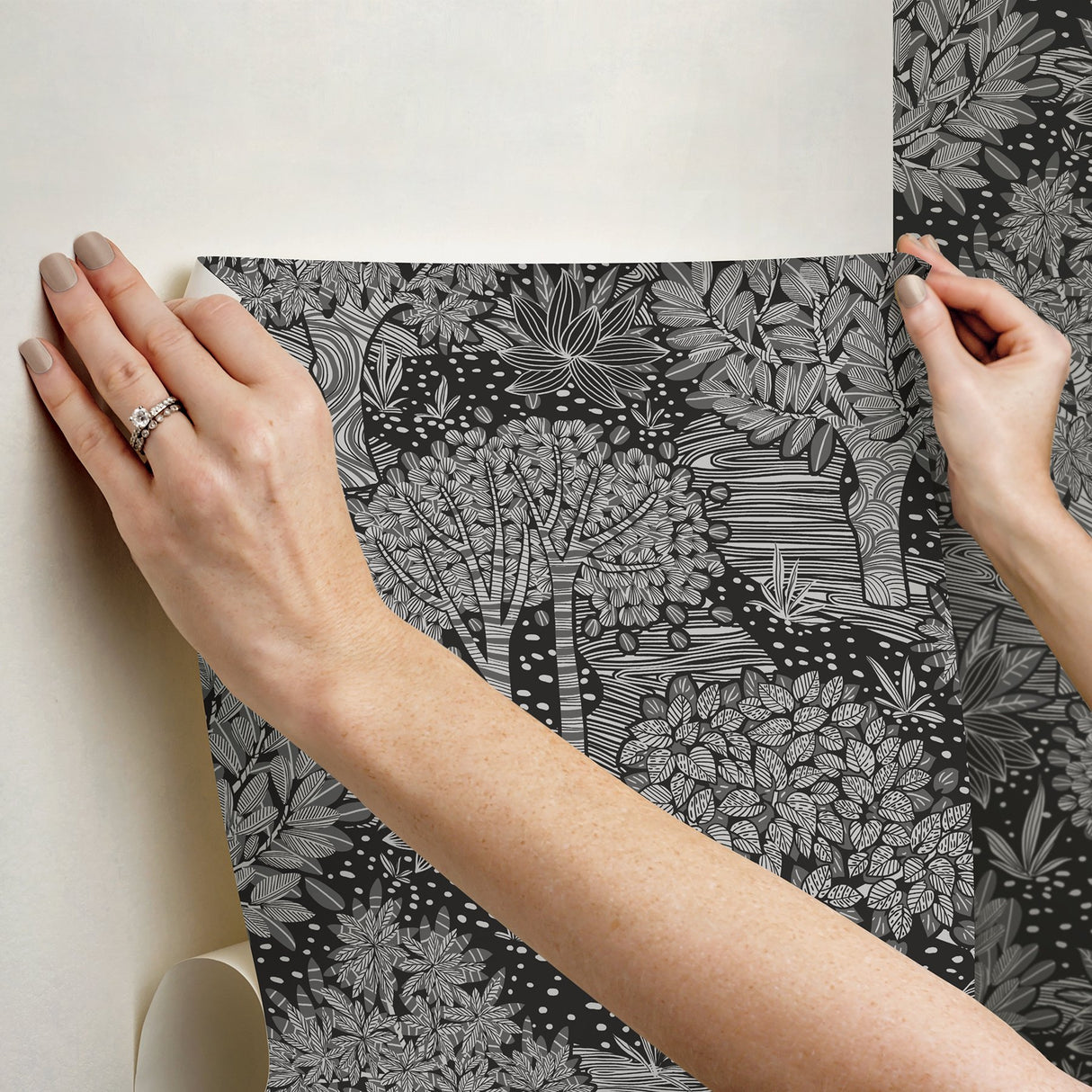 Perth Black Peel & Stick Wallpaper with Botanical Tree Pattern - York RMK12716PLW