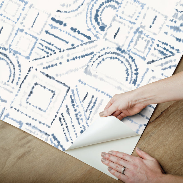 Brisbane Blue Peel & Stick Wallpaper with Shibori Geometric Graphics - York RMK12718PLW