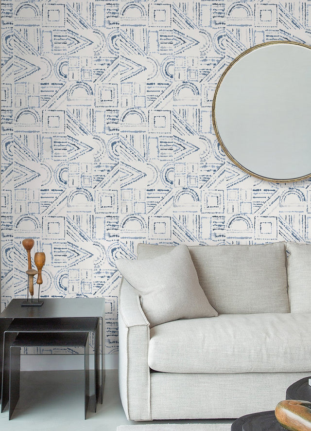 Brisbane Blue Peel & Stick Wallpaper with Shibori Geometric Graphics - York RMK12718PLW