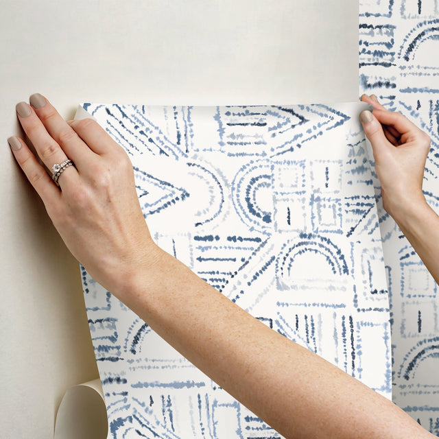 Brisbane Blue Peel & Stick Wallpaper with Shibori Geometric Graphics - York RMK12718PLW