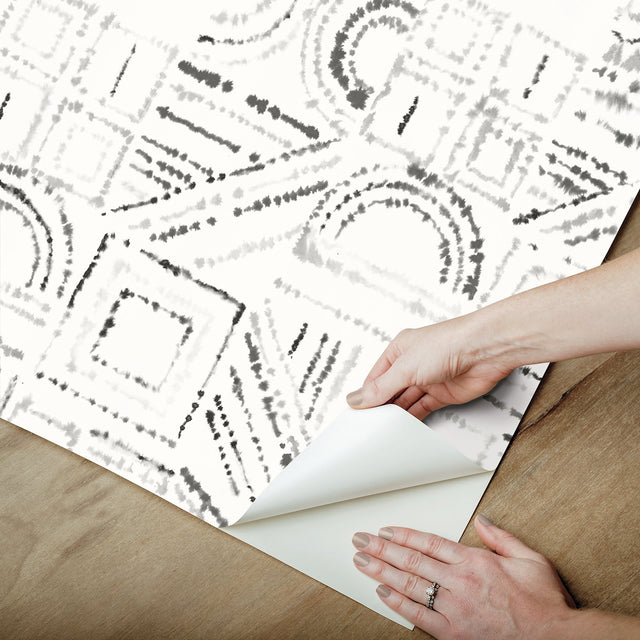 Brisbane Black Peel & Stick Wallpaper with Shibori Geometric Graphics - York RMK12720PLW