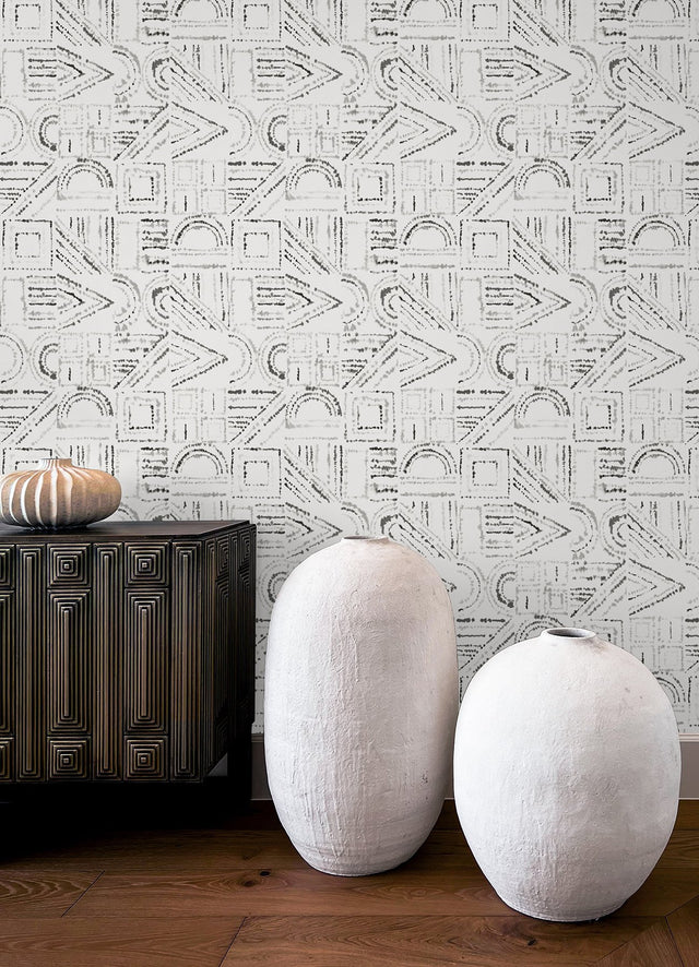 Brisbane Black Peel & Stick Wallpaper with Shibori Geometric Graphics - York RMK12720PLW