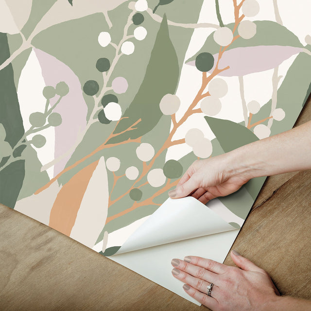 Adelaide Green Peel & Stick Wallpaper with Botanical Berry Print - York RMK12721PLW