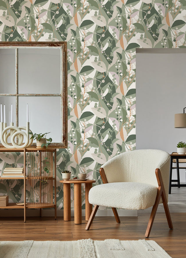 Adelaide Green Peel & Stick Wallpaper with Botanical Berry Print - York RMK12721PLW