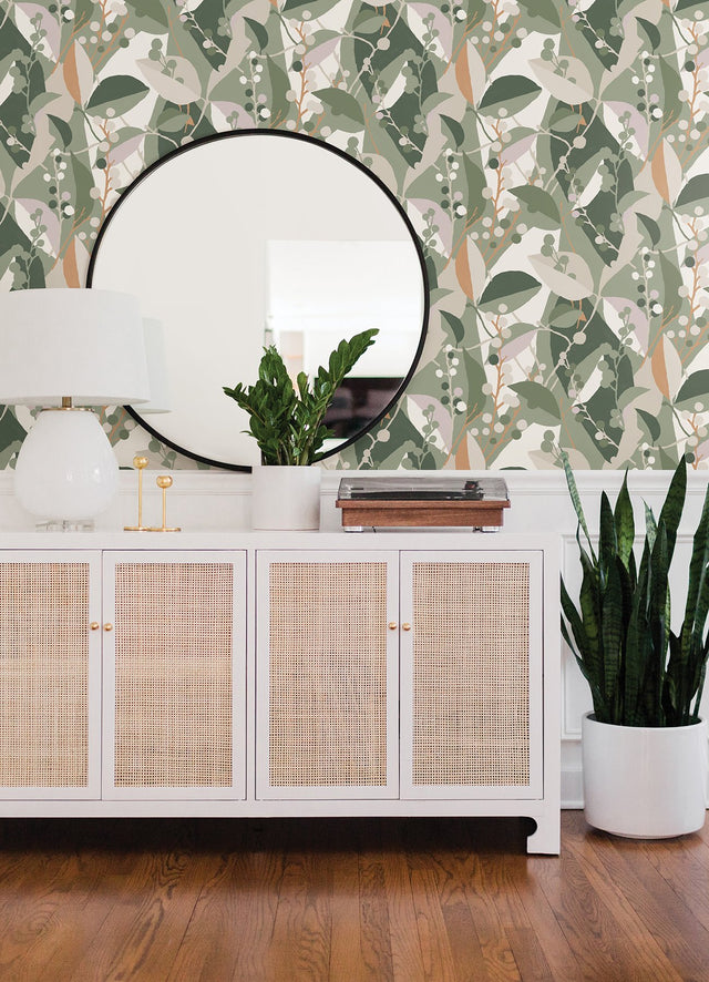 Adelaide Green Peel & Stick Wallpaper with Botanical Berry Print - York RMK12721PLW