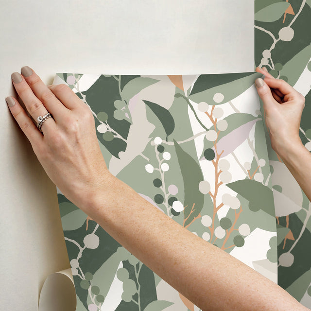 Adelaide Green Peel & Stick Wallpaper with Botanical Berry Print - York RMK12721PLW