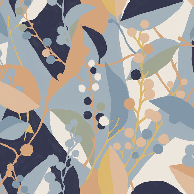 Adelaide Blue Peel & Stick Wallpaper with Botanical Berry Print - York RMK12722PLW