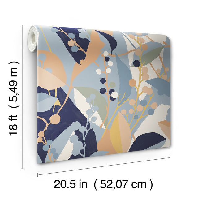 Adelaide Blue Peel & Stick Wallpaper with Botanical Berry Print - York RMK12722PLW