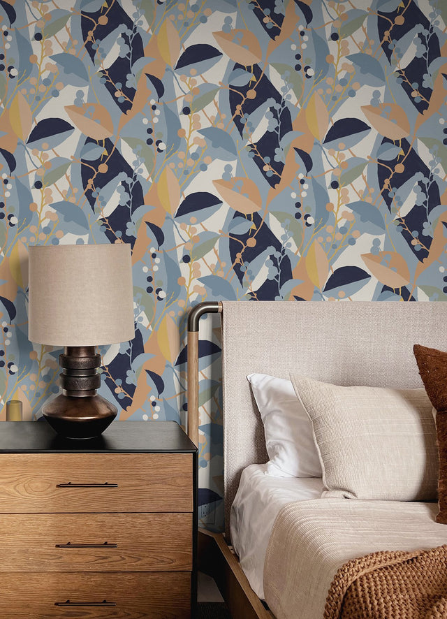 Adelaide Blue Peel & Stick Wallpaper with Botanical Berry Print - York RMK12722PLW