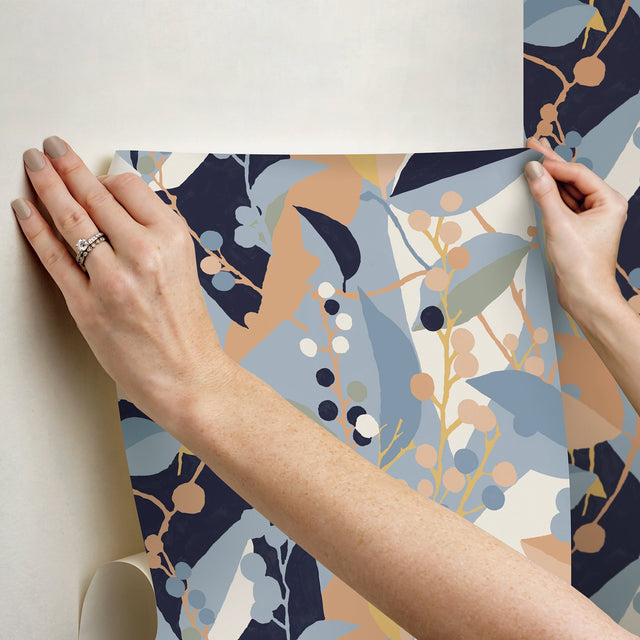 Adelaide Blue Peel & Stick Wallpaper with Botanical Berry Print - York RMK12722PLW