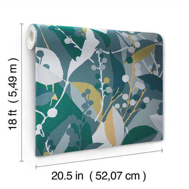 Adelaide Teal Peel & Stick Wallpaper with Botanical Berry Graphics - York RMK12723PLW