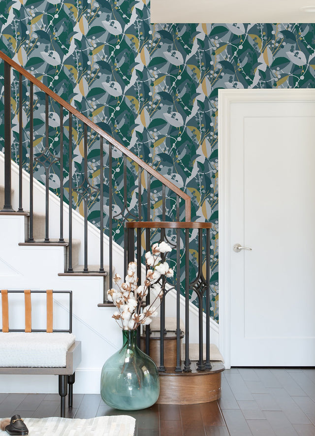 Adelaide Teal Peel & Stick Wallpaper with Botanical Berry Graphics - York RMK12723PLW