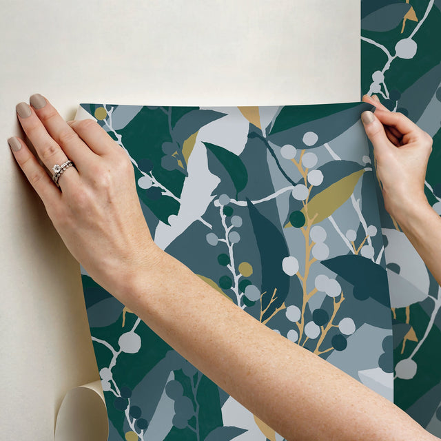 Adelaide Teal Peel & Stick Wallpaper with Botanical Berry Graphics - York RMK12723PLW
