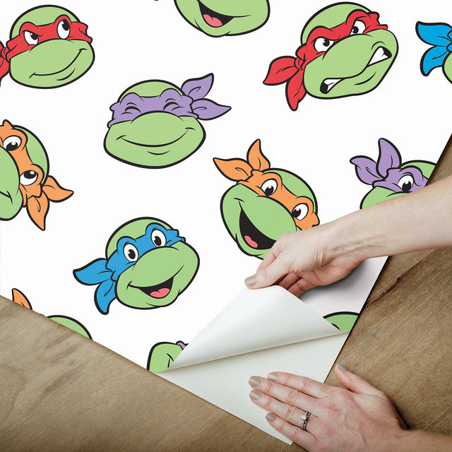 Teenage Mutant Ninja Turtles Character Faces White Peel & Stick Wallpaper with Kids Novelty Graphics - York RMK12727PLW
