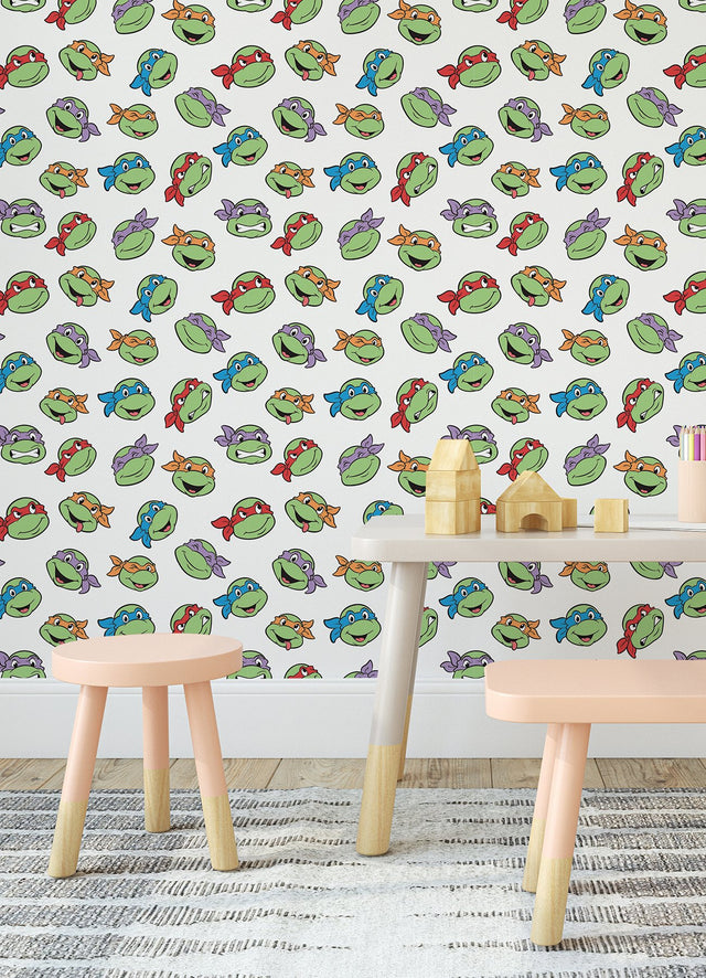 Teenage Mutant Ninja Turtles Character Faces White Peel & Stick Wallpaper with Kids Novelty Graphics - York RMK12727PLW
