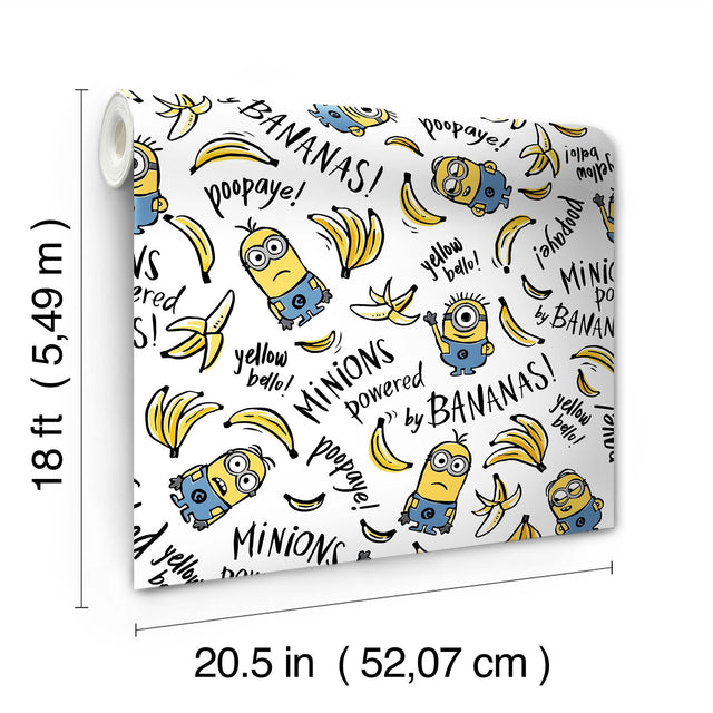 Minions Powered By Bananas White Peel & Stick Wallpaper with Novelty Graphics - York RMK12729PLW