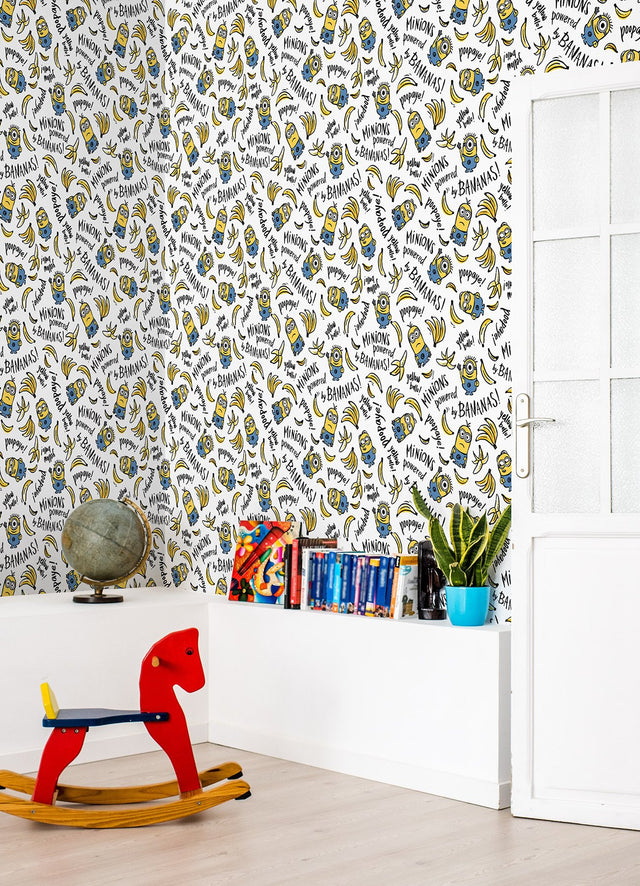Minions Powered By Bananas White Peel & Stick Wallpaper with Novelty Graphics - York RMK12729PLW