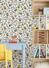 Minions Powered By Bananas White Peel & Stick Wallpaper with Novelty Graphics - York RMK12729PLW