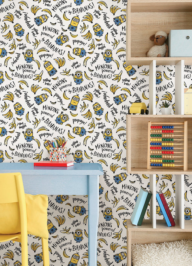 Minions Powered By Bananas White Peel & Stick Wallpaper with Novelty Graphics - York RMK12729PLW