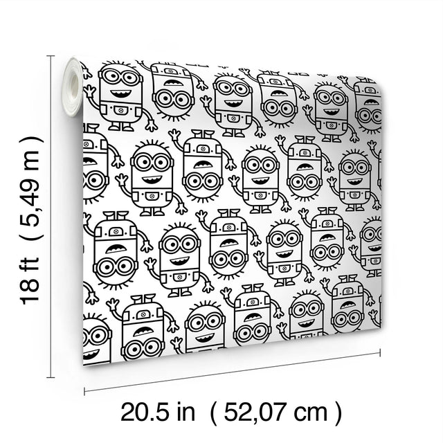 Minions Line Art Black Peel & Stick Wallpaper with Black-and-White Character Graphics - York RMK12730PLW