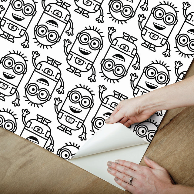 Minions Line Art Black Peel & Stick Wallpaper with Black-and-White Character Graphics - York RMK12730PLW