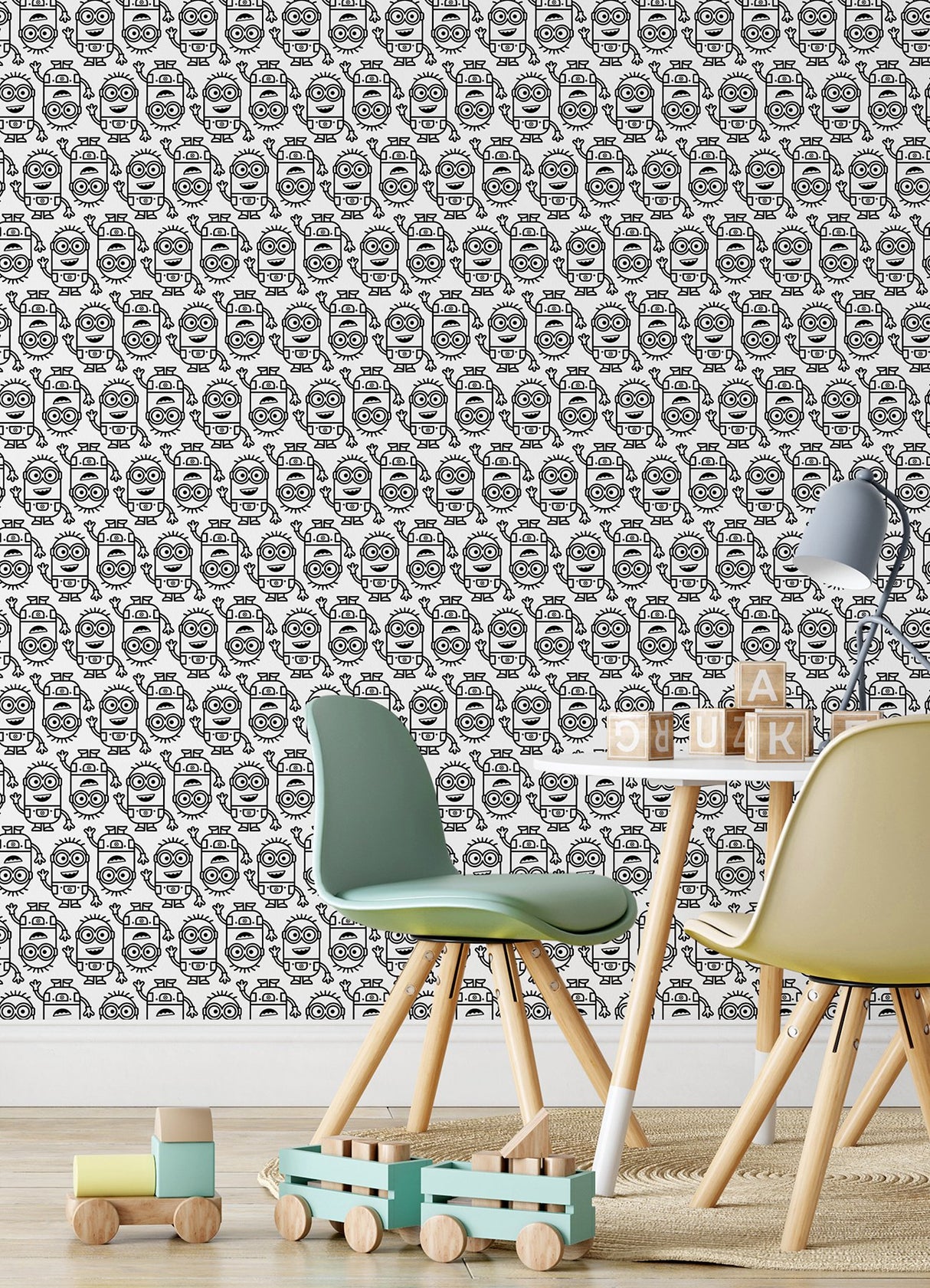 Minions Line Art Black Peel & Stick Wallpaper with Black-and-White Character Graphics - York RMK12730PLW