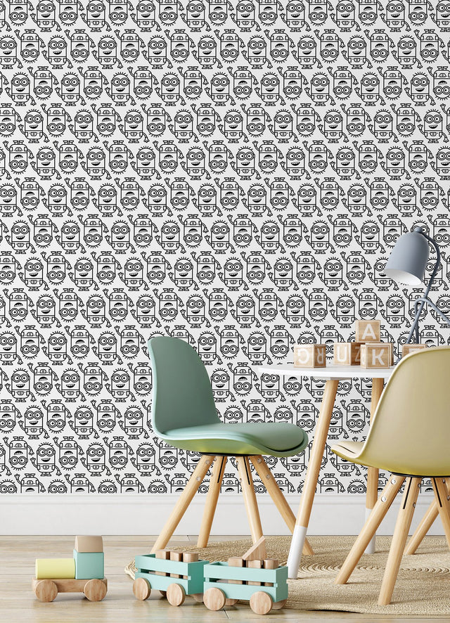Minions Line Art Black Peel & Stick Wallpaper with Black-and-White Character Graphics - York RMK12730PLW