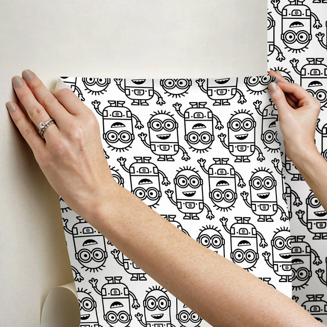 Minions Line Art Black Peel & Stick Wallpaper with Black-and-White Character Graphics - York RMK12730PLW