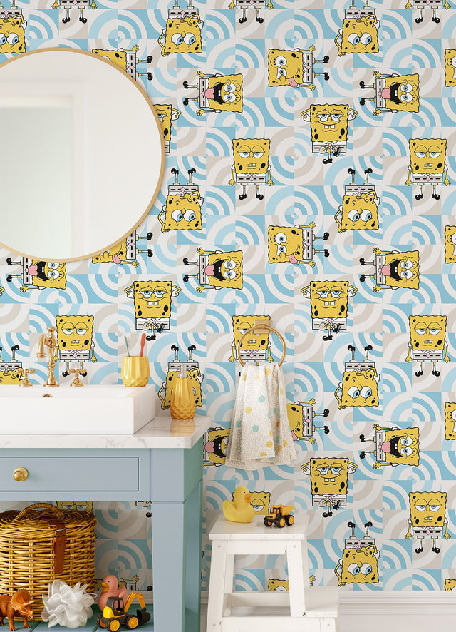 SpongeBob SquarePants Funny Faces Blue Peel & Stick Wallpaper with Novelty Graphics  York RMK12746PLW