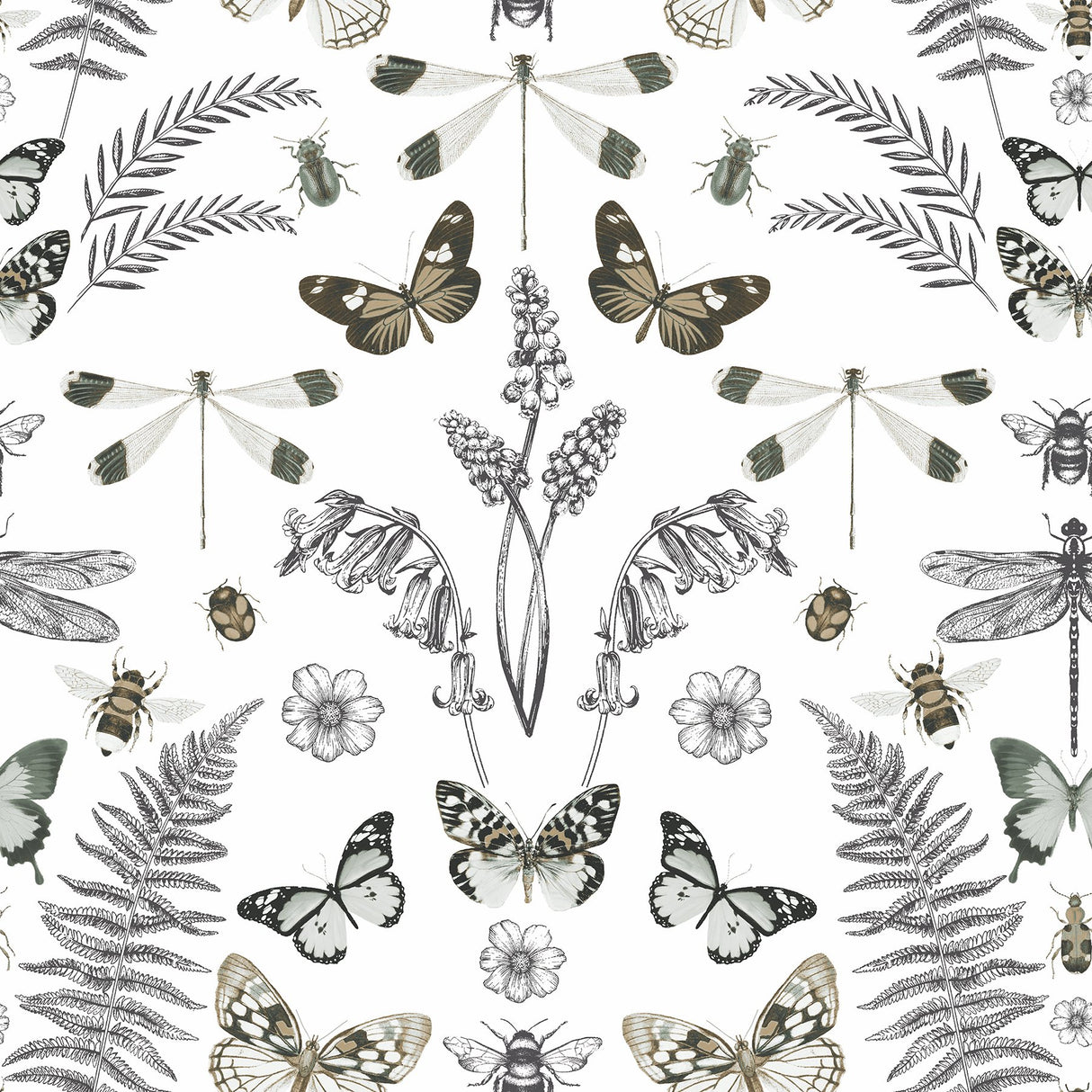 Hidden Treasures White Peel & Stick Wallpaper with Bohemian Butterflies & Botanicals - York RMK12747PLW