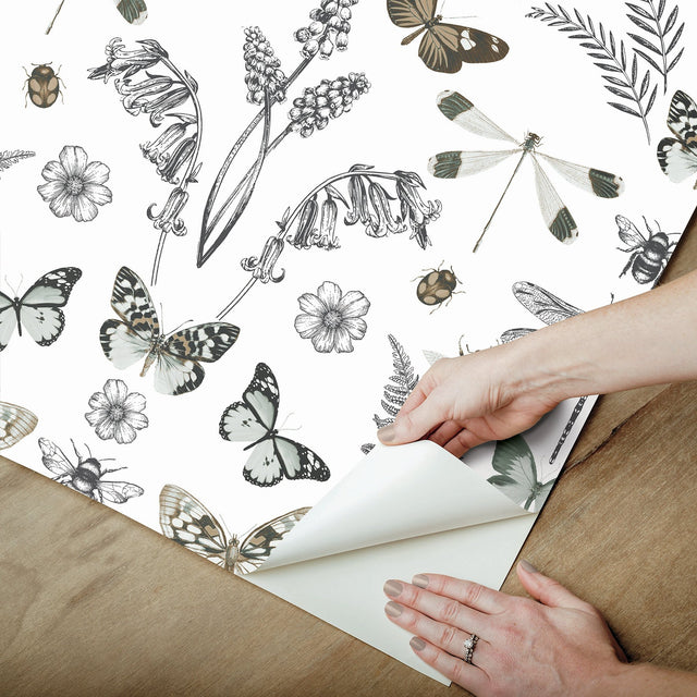 Hidden Treasures White Peel & Stick Wallpaper with Bohemian Butterflies & Botanicals - York RMK12747PLW